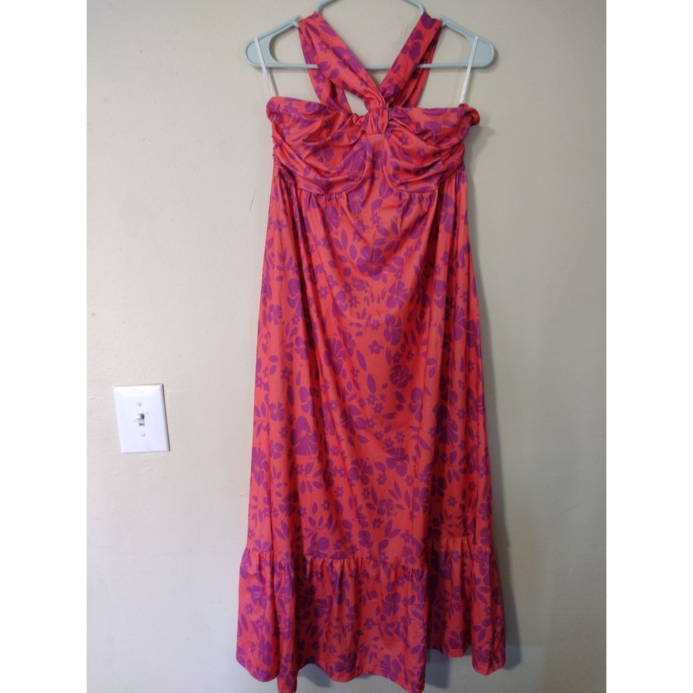 Grace Karin Womens‎ Orange Purple Floral Halter Maxi Dress Ruffle Hem Pockets M